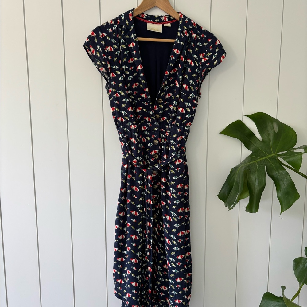 Maeve Umbrella Print Button Front Dress with Tie